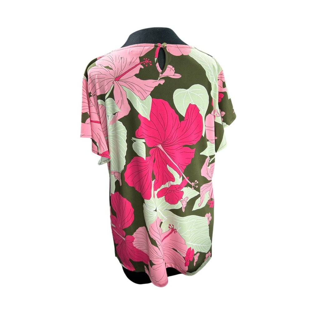 Liz Claiborne Womens XL Pink & Green Floral Print Top Short Sleeves Keyhole Back - Picture 3 of 11